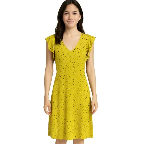 Ann Taylor Dress PXXS Yellow Floral A-Line V-Neck Ruffle Sleeve Stretch Chic NEW - Picture 1 of 10